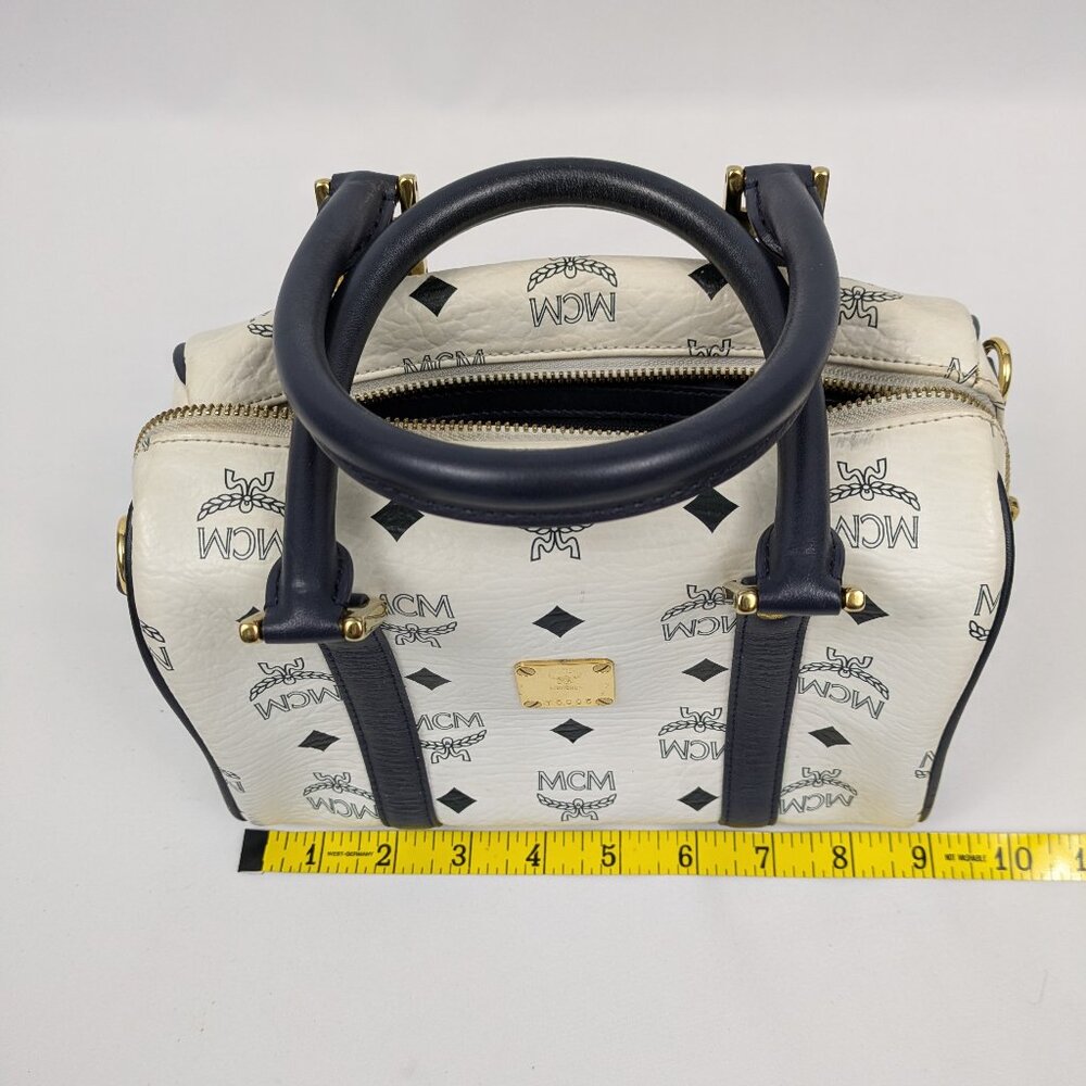 MCM Navy Blue and White Monogram Rare Boston Mini Top Handle Bag - Picture 4 of 14